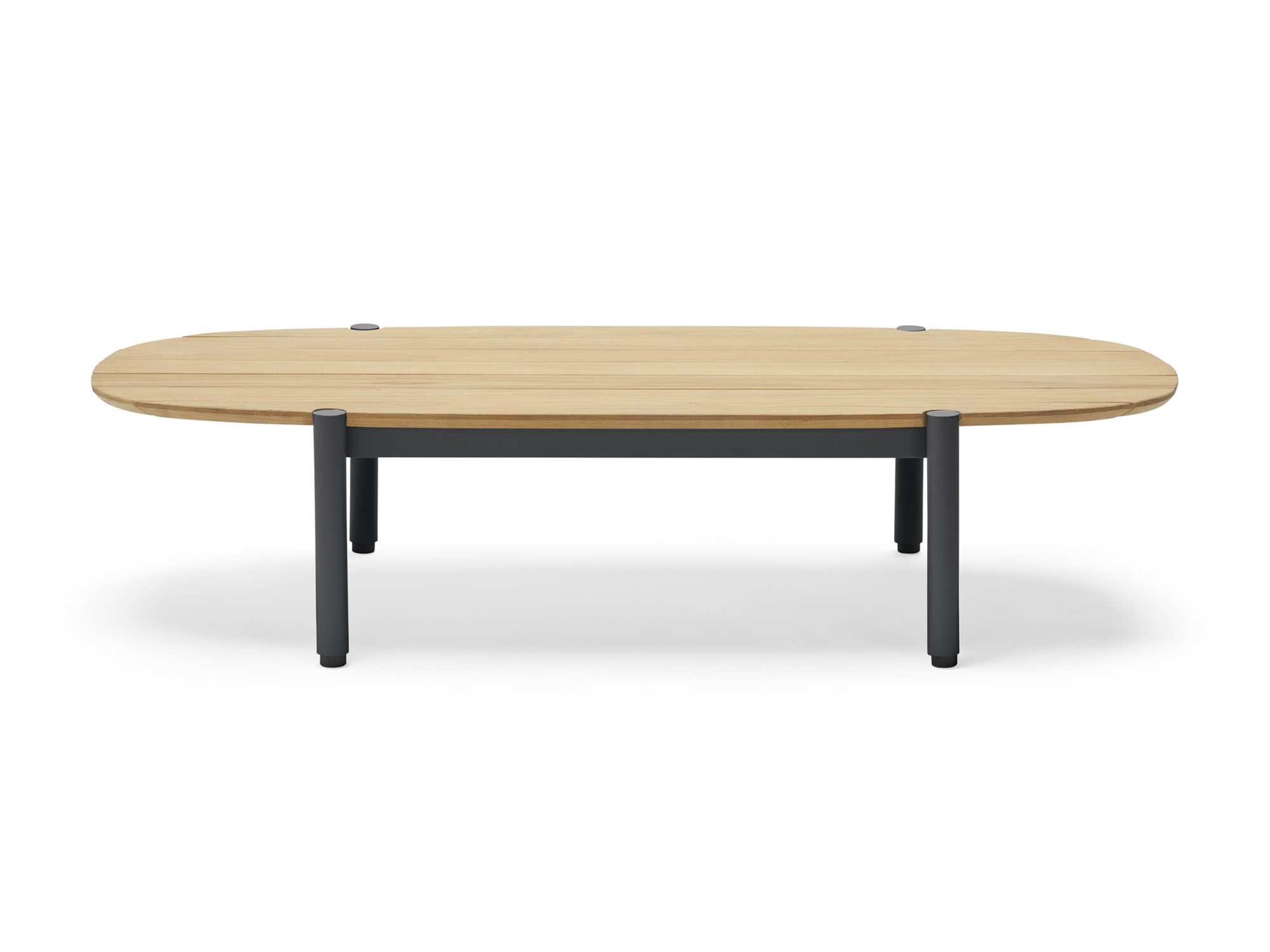 Front view of oval wood outdoor coffee table with black legs